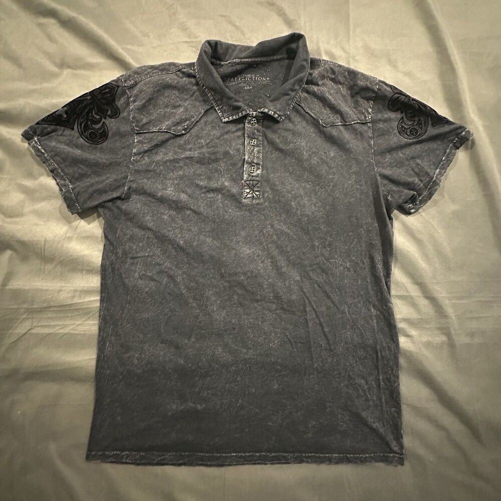 Affliction Polo Live Fast Forever Cross Graphic Biker Gothic Gray Y2K Mens XL